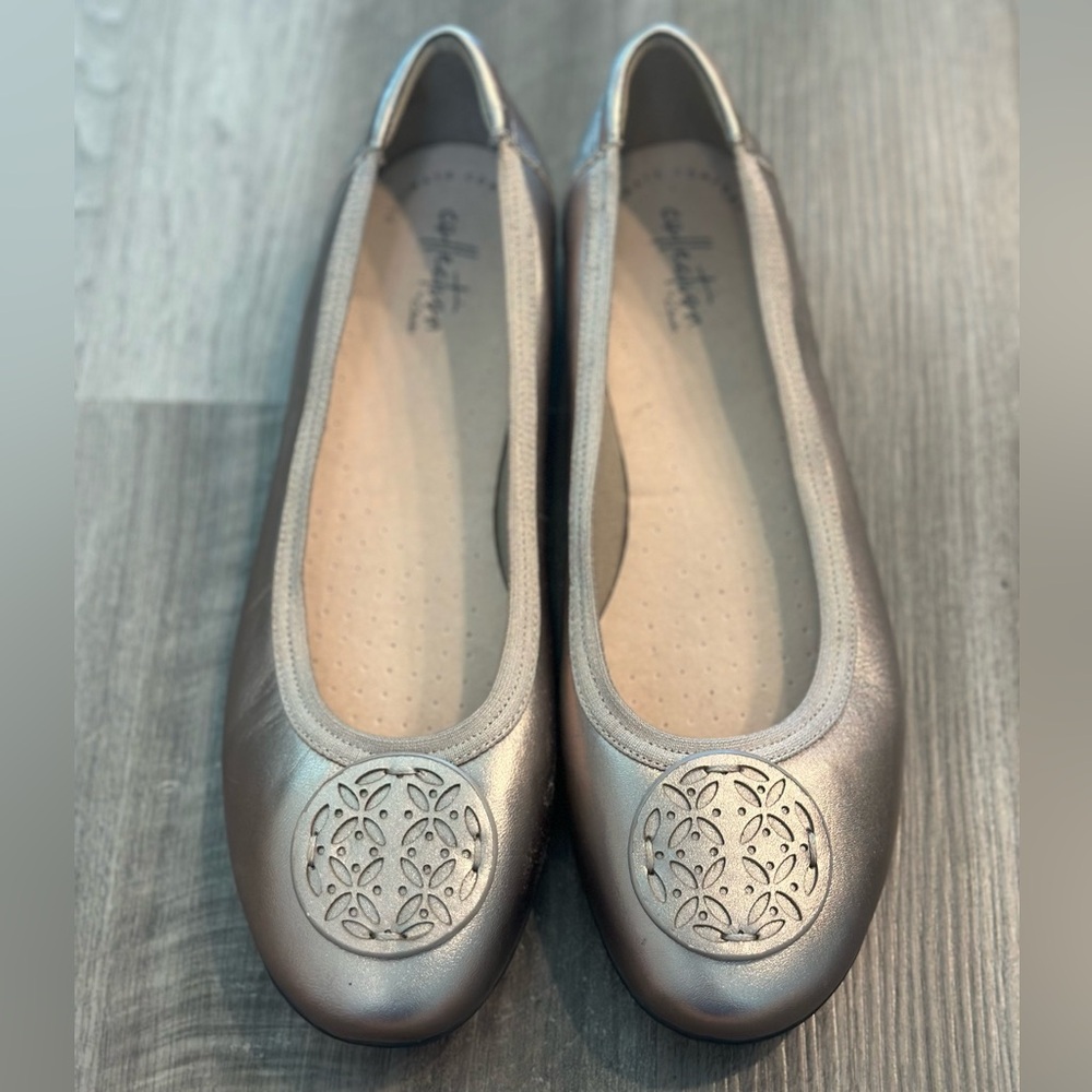 Clarks Silver Flats with Rounded Toe Design